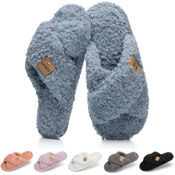 ⚡Women’s Blue Faux Fur Cozy Fuzzy Cross Band Slippers Indoor House Shoes - Picture 1 of 6